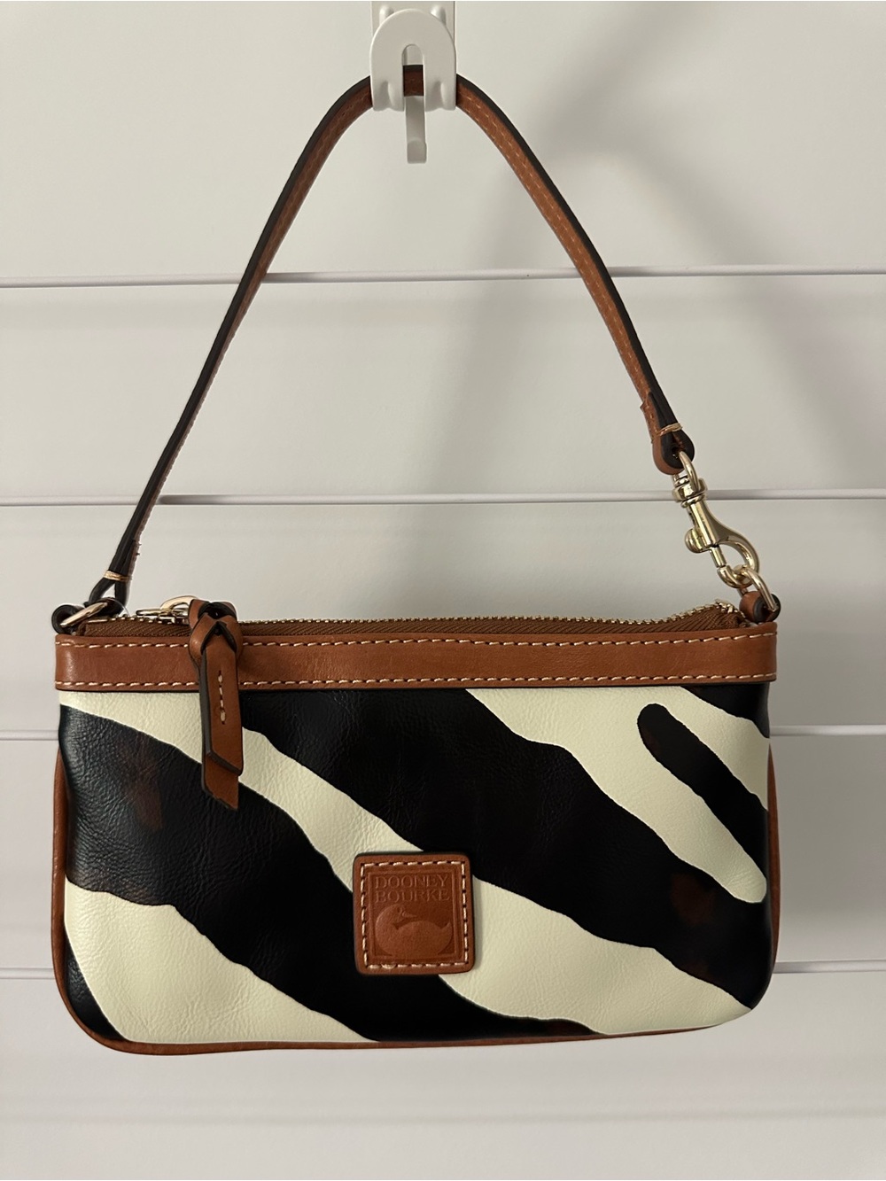 Dooney & Bourke Black & White Zebra Print Leather Mini Wristlet with Brown Trim